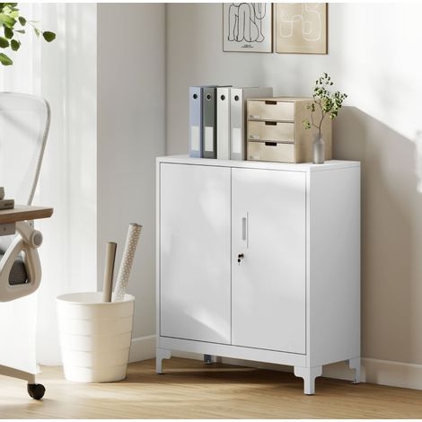 Büroschrank aus Metall (94.0x52.5x22.0 cm), abschließbare Doppeltüren, 2 Regale, Weiß (1/5)