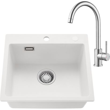 CECIPA MAX Fregadero de cocina de granito blanco de 50 x 45 cm y grifo de cocina de acero inoxidable, perfectamente combinados, incluye juego de sifón (1/5)
