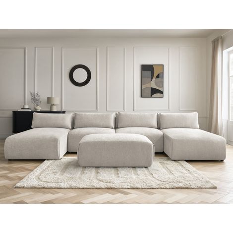 BOBOCHIC - Canapé panoramique fixe modulable avec têtières JANA tissu texturé avec 2 méridiennes, 2 chauffeuses et 1 petit pouf   Beige