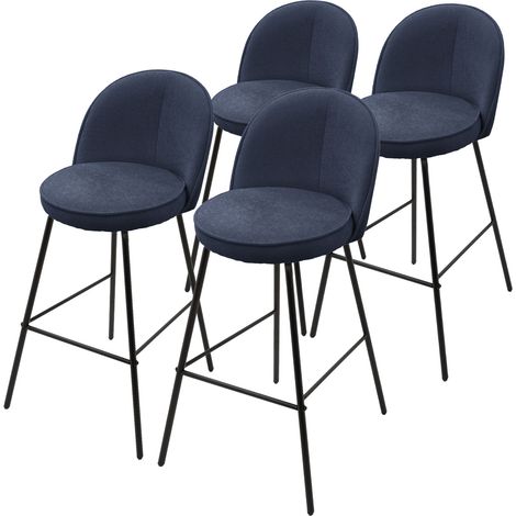 ML-Design Set di 4 Sgabelli da Bar Blu Scuro, Rivestimento in Tessuto, Altezza 75 cm, Struttura in Metallo, con Schienale e Poggiapiedi, Sedia Alta Imbottita da Cucina, Sgabello da Bistrot o Bancone
