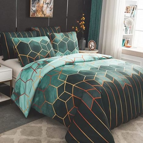 Housse de Couette Géométrique Imprimé Boho Microfibre - Vert - 200x200 cm (1/4)