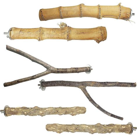 Ensemble de 6 perchoirs en bois naturel, non toxiques, pour ronger le bec et câliner les oiseaux. (1/4)