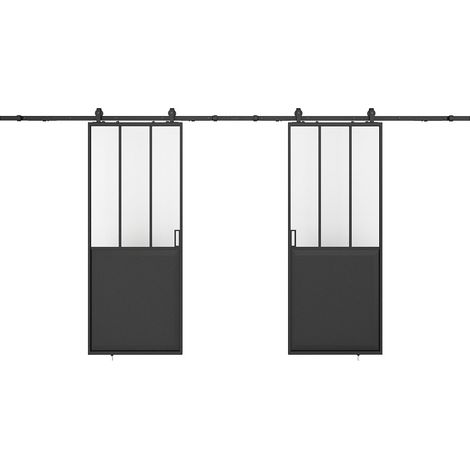 Porte scorrevole doppia atelier esterno muro 2 x H205 x L93 cm Nero e Vetro temperato - ARTISTO II