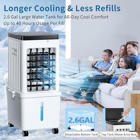 Ventilateur climatiseur évaporatif 3 en 1 65W, réservoir 12L pliable, oscillation 60°, 3 vitesses, minuterie 1-7h, télécommande, roulettes, sans installation, pour intérieur (1/5)