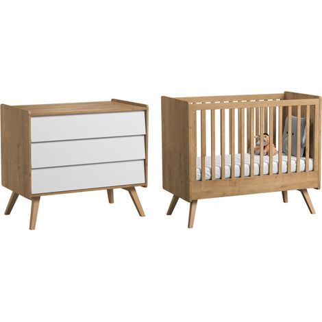 Babybett und Wickelkommode Vox Vintage Eiche/Weiß
