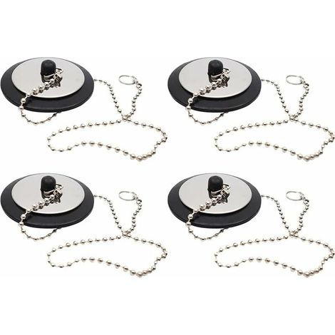 Tapón de desagüe con cadena, tapa de desagüe de goma, accesorio para lavabo de baño con cadena, 4 tapones de desagüe de goma con cadena, para lavabos, bañeras, duchas, baños y cocinas (negro) (1/5)