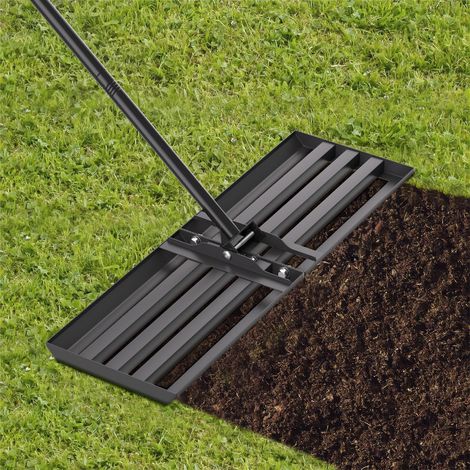 Jiubiaz Rastrillo nivelador de césped 75 x 25 cm – Rasqueta para césped de acero negro, mango extensible de 2 m, rascador de jardín multifuncional