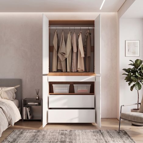 Armoire tiroir bijoux, 90x50x200 cm 4 portes 1 tringle 2 tiroirs, armoire haute moderne chambre couloir enfant bureau, chêne blanc, coloris chêne et blanc (1/5)