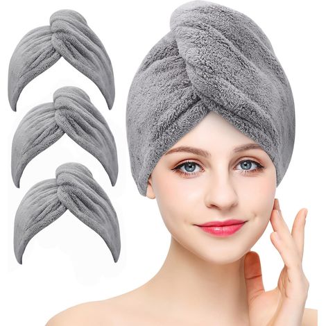 3-teiliges Mikrofaser-Haarhandtuch-Set, schnelltrocknend, superweich und saugfähig, gedrehter Turban mit Knöpfen, Badeschlaufe, Haarhaube für trockenes Haar (grau)
