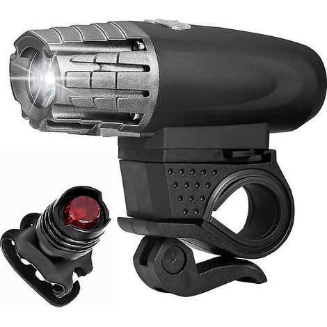 Ein Set aus schwarzen Fahrradlichtern (Vorderlicht + juwelenartiges Rücklicht), 360-Grad-Drehvorrichtung, USB-Ladewarnleuchte und Lenkrad. (1/5)