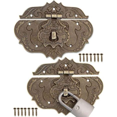 Juego de 2 cierres de estilo antiguo de bronce y hierro para muebles, herrajes para cerraduras de cortinas, arcones y cajas, deslizadores, 96 x 72 mm con tornillos.