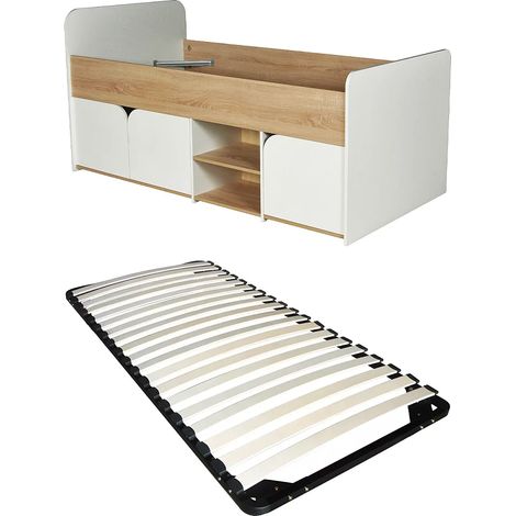 Letto 90 x 190 cm con vani contenitore - Colore: Naturale e bianco + Rete a doghe - LOSTYA (1/5)