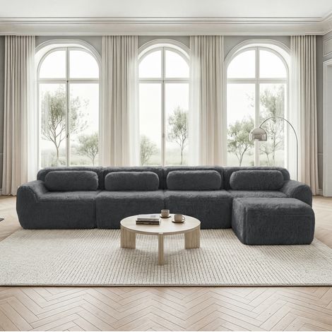Divano angolare modulare 378x179x73 cm in tessuto, grigio, con cuscini, per soggiorno – MEUBLIV (1/5)