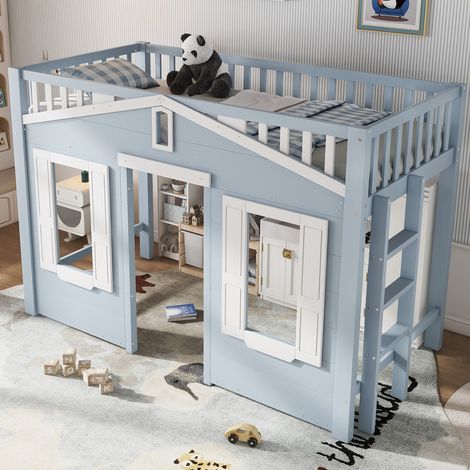 Letto a soppalco per bambini 90x200 cm bianco e blu in pino e MDF con scala reversibile (1/5)