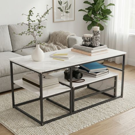 Table basse, Lot de 2 tables gigognes 105x52cm, Table de salon modulable et gain de place, Table d'appoint, Structure en métal, Style Moderne, Blanc+Noir (1/5)