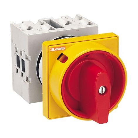 Interrupteur à came 0-1 4P 32A pour installation encastrée avec bouton jaune/rouge, verrouillable par cadenas GX3292U25