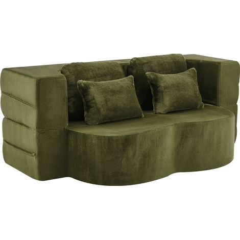 ELVMI Sofá convertible 2 Plazas con 4 Cojines y Respaldo Ondulado, en Espuma y Muelles, Verde (1/4)