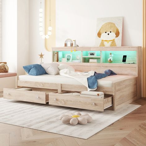 DESVIAE Lit banquette 90 x 200 cm avec éclairage LED, 2 ports USB, 2 prises, deux tiroirs, sommier à lattes, panneau de particules et MDF, coloris naturel (1/5)