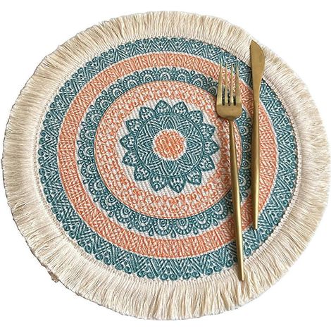 Sets de table ronds en coton tissé, style bohème, avec pompons, isolants, pour la décoration de table. 6 styles au choix. (1/5)