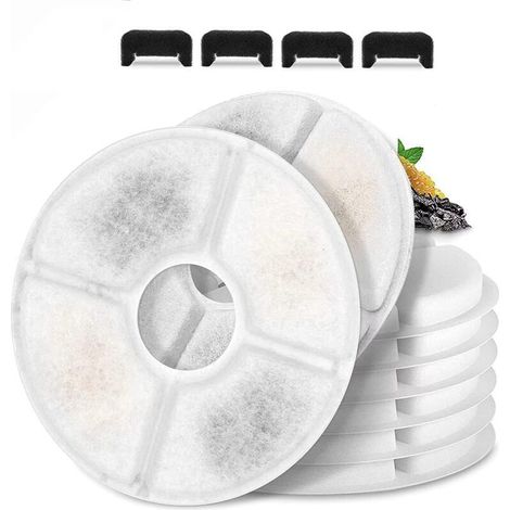 Filtre de Rechange pour Fontaine à Eau pour Chat - Système Triple Filtration Charbon Actif - Compatible Fontaine Ronde 2,4 L - Lot de 6 (1/4)