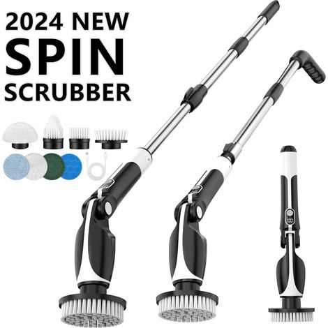 Brosse nettoyante électrique 7-en-1, manche télescopique réglable, 8 embouts interchangeables, télécommande pour salle de bain, baignoire et carrelage, noir. (1/5)