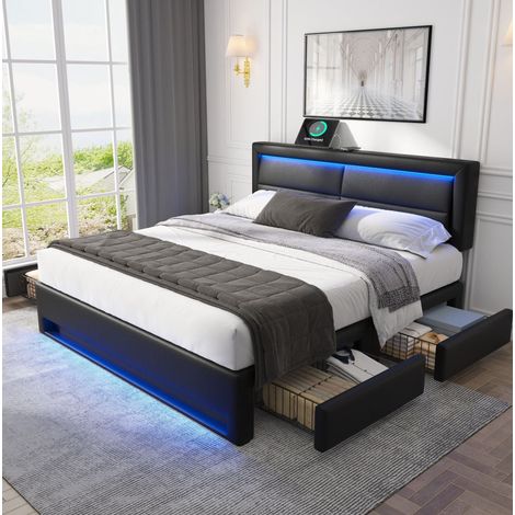 Polsterbett 140/200 cm schwarz aus PU mit LED, USB-Ladefunktion und 4 Schubladen (1/5)