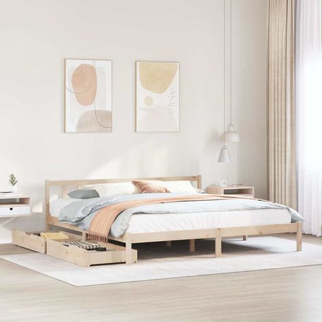 Cadre de Lit 180x200 cm Pin Massif avec Sommier Lattes et 2 Tiroirs de Rangement Roulettes (1/4)