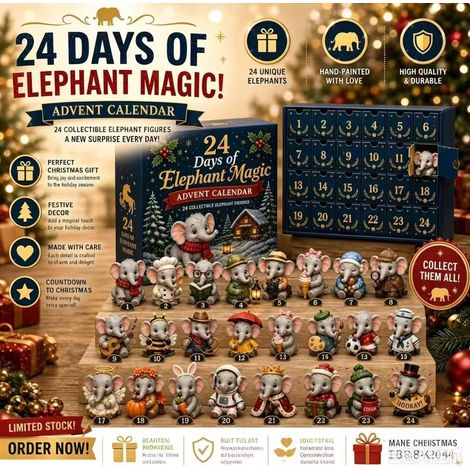 Elefanten-Adventskalender, magisches Elefanten-Plüschtier, 24-tägiger Weihnachts-Countdown, Sammler-Überraschungsbox-Geschenkset – Magischer Elefant –