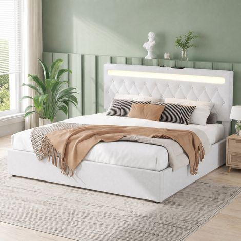 Lit coffre 180x200 LED USB lin blanc avec rangement HAVRYA (1/5)