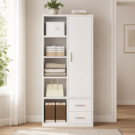Armoire dressing 70x50x170 cm avec 2 tringles, 2 tiroirs et étagères - bois/MDF - Blanc (1/5)