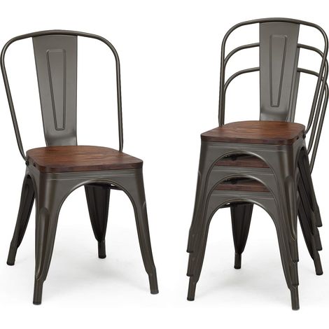 GOPLUS Lot de 4 Chaises en Métal Salle à Manger avec Assise en Bois d'Orme de Epaisseur 2cm, Style Industriel,Vintage,Tabouret Empilable,Vintage,Charge 150KG