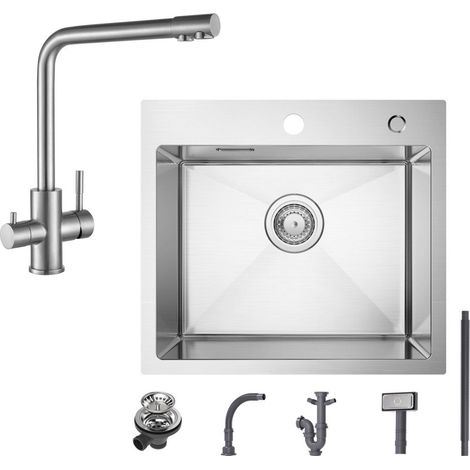 Fregadero de 1 seno Fregadero de acero inoxidable de 50 × 45 cm cepillado + grifo de cocina cepillado grifo de fregadero 3 en 1, altura 344 mm (1/5)