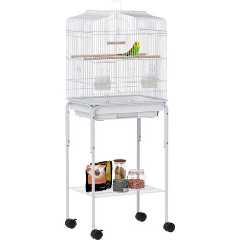Cage à oiseaux avec roulettes, étagère, portes, 2 mangeoires, 2 perchoirs, balançoire, plateau amovible, 46,5 x 36 x 124 cm, blanche (1/5)