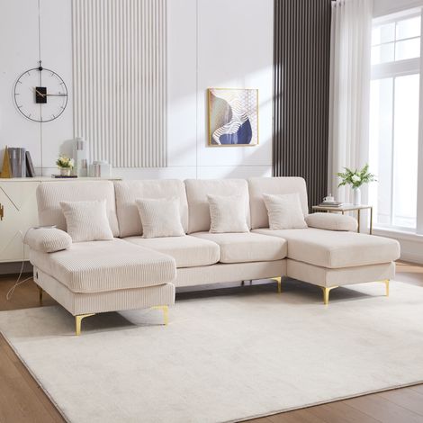 Sofá esquinero modular 265x135x88 cm en terciopelo beige, LED y USB-C para salón FloraGrace (1/5)
