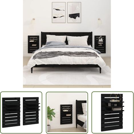 The Living Store Étagères de chevet murales 2 pcs Noir Bois de pin massif - Etagere Murale - Etageres De Chevet - Meuble De Rangement - Rangement Mural - Bibliothèque Murale (1/5)