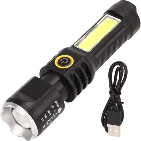 Lampe poche – ABS noir + anneau argent – télescopique – portable – forte lumière – charge Type C – camping / randonnée (1/5)