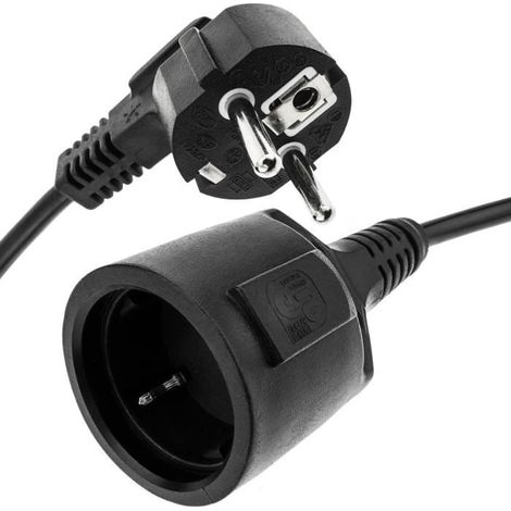 1 rallonge électrique Schuko mâle-femelle, 5 m, câble noir pour équipements électroniques, usage intérieur