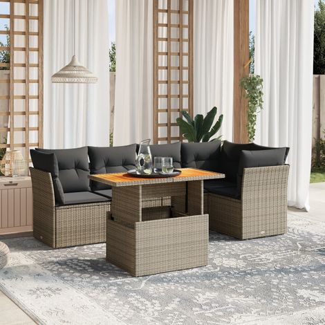 Ensemble de jardin 5 places en résine tressée gris avec table extensible et coussins amovibles - Salon d'extérieur confortable (1/3)