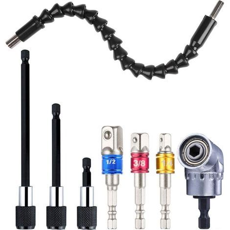 AIDUCHO Flexible Bohrverlängerung (1 Stück) + Winkelbohradapter (1 Stück) + Schlagschrauberbits (3 Stück) + Schraubendreherbithalter (3 Stück) – 1/4"-Verlängerungsschaft (1/5)