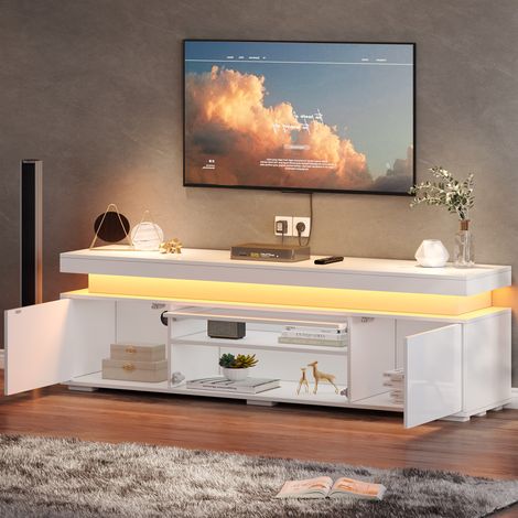 Meuble TV blanc 150x35x43 cm sur pieds, armoire basse 3 portes avec éclairage LED, rangement compartimenté, étagère pour salon, idéal petit espace, panneau de particules (1/5)