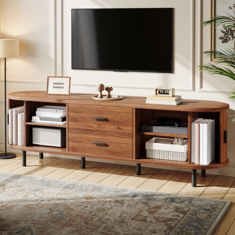 TKOPY - Meuble tv 160 cm longueur - table television salon - meuble tv avec rangement - meuble salon - conception aux angles arrondis - avec 2 tiroirs - porte coulissante - poignée noire - meuble bas (1/5)