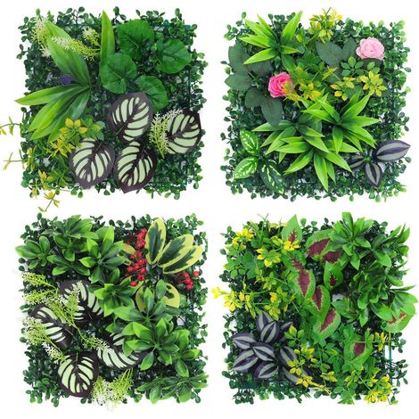 Mur de plantes d'extérieur - Lot de 4 plantes artificielles - 25 x 25 cm - Décoration pour mur, balcon et jardin (hybride 02) (1/5)