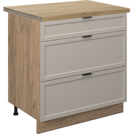 Mobiletto base per cucina Fame-Line, GrigioBeige, 80 cm con 3 cassetti, PL Rovere, Vicco