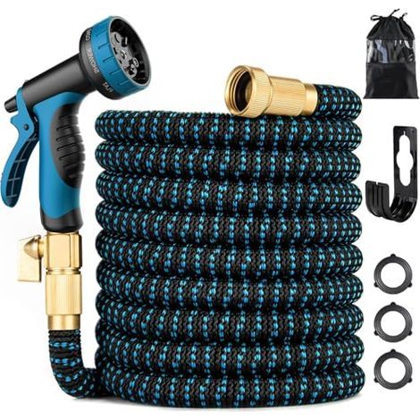 Tuyau d'arrosage extensible – Un tuyau flexible et incassable, équipé de 10 buses, de raccords en laiton massif et d'un noyau extensible en latex – un tuyau extensible léger. (1/5)