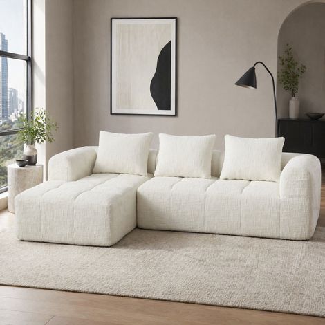 Sofá chaise longue 3 plazas chenilla beige OKMYHOME (1/5)