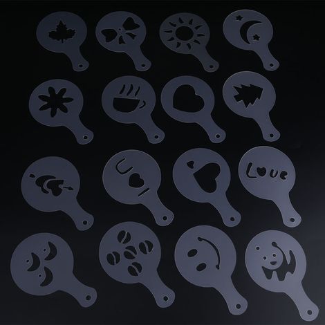 16 Gabarits Plastique pour Café, Pochoirs Cappuccino Chocolat Latte, Set de 16 Modèles de Décoration, Outils DIY pour Dessins sur Mousse, Pochoir à Poudre (1/5)