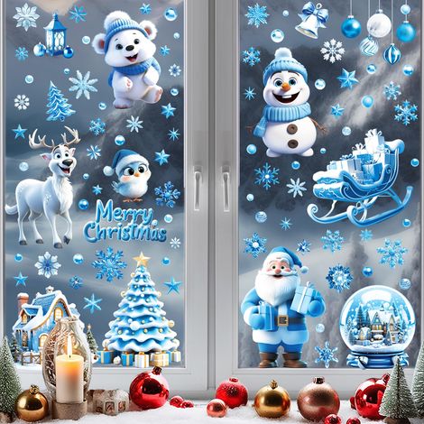 110 autocollants de Noël 3D pour fenêtres, flocons de neige et personnages festifs, stickers statiques pour vitres, décorations hivernales pour la maison et les fêtes.