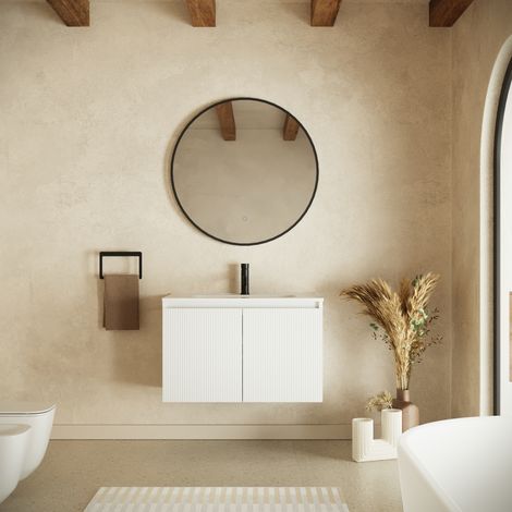 Meuble de salle de bain suspendu 60 cm à deux portes blanc mat cannelé avec lavabo Pelion (1/4)