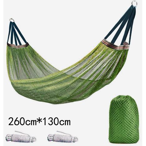 Hamac outdoor avec filet – Vert armée – 260x130 cm – 250 kg – 2 cordes et sac de rangement (1/5)