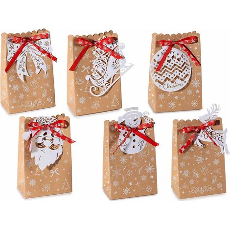Sacchetti natalizi in carta kraft con stampa a tema, fiocco e tag sagomato, set da 36 pezzi, cm 11,5 x 7 x 18 H